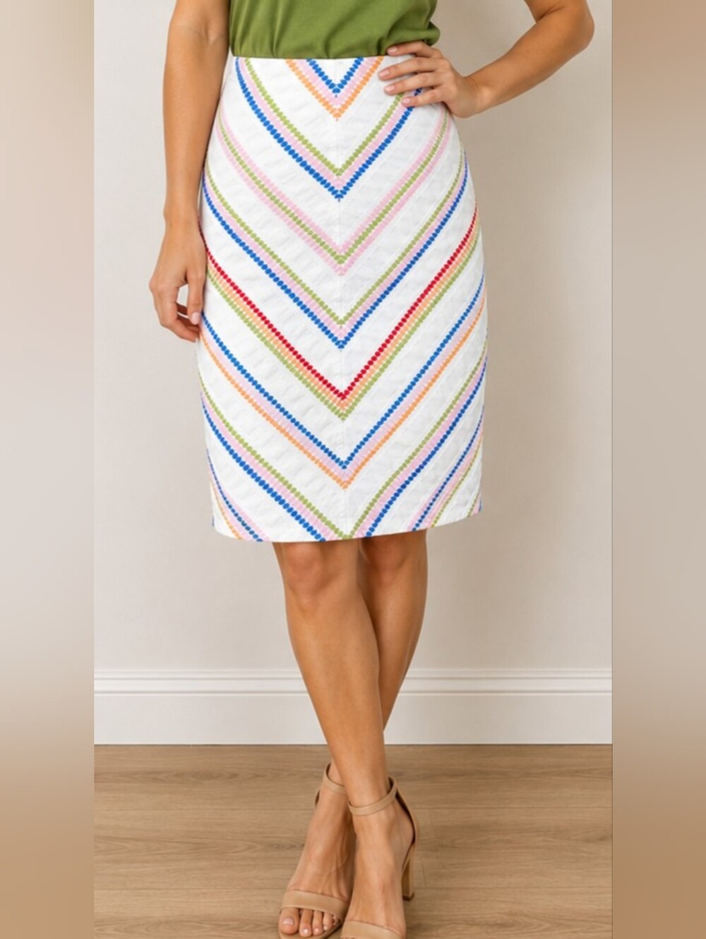 Talbots Embroidered Chevron Pencil Skirt Rainbow Coastal Preppy Cotton Blend